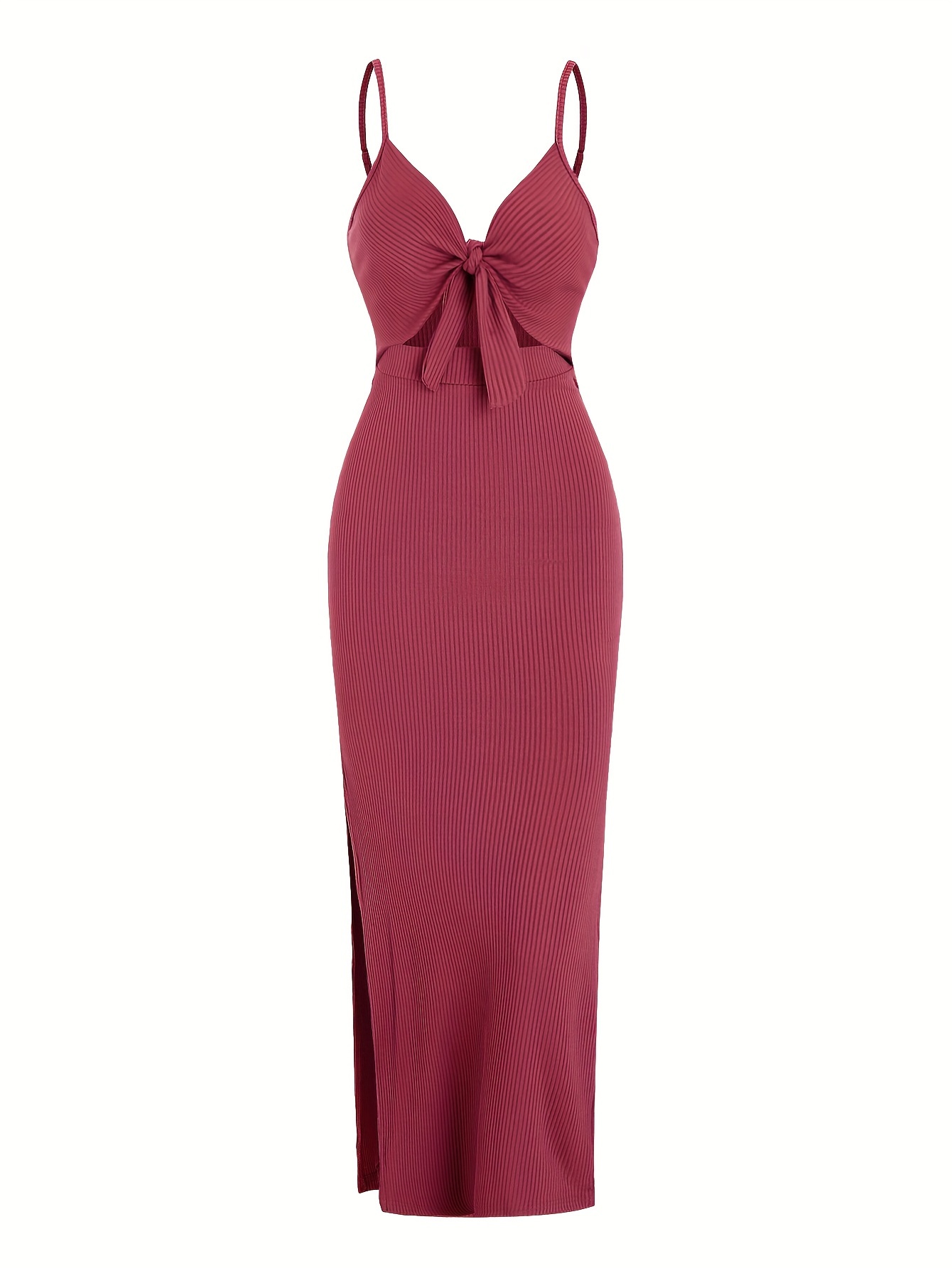 sexy spaghetti strap ribbed knot cutout side split maxi dress solid body con dress for spring fall womens clothing details 4
